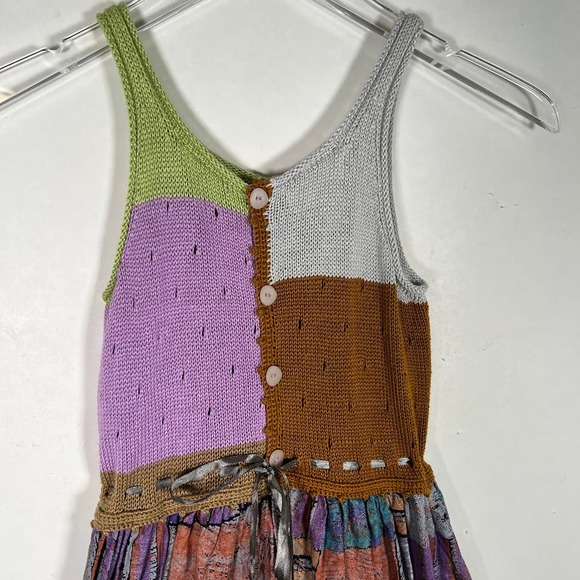 Vintage Sharan Colorful Ethnic Patchwork Tank Dress 7/8 Sleeveless Knitted Boho - Picture 4 of 6